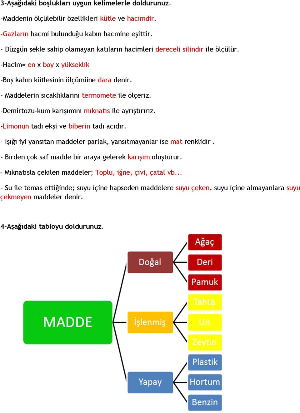 - Maddelerin sıcaklıklarını termomete ile ölçeriz. -Demirtozu-kum karışımını mıknatıs ile ayrıştırırız. -Limonun tadı ekşi ve biberin tadı acıdır.