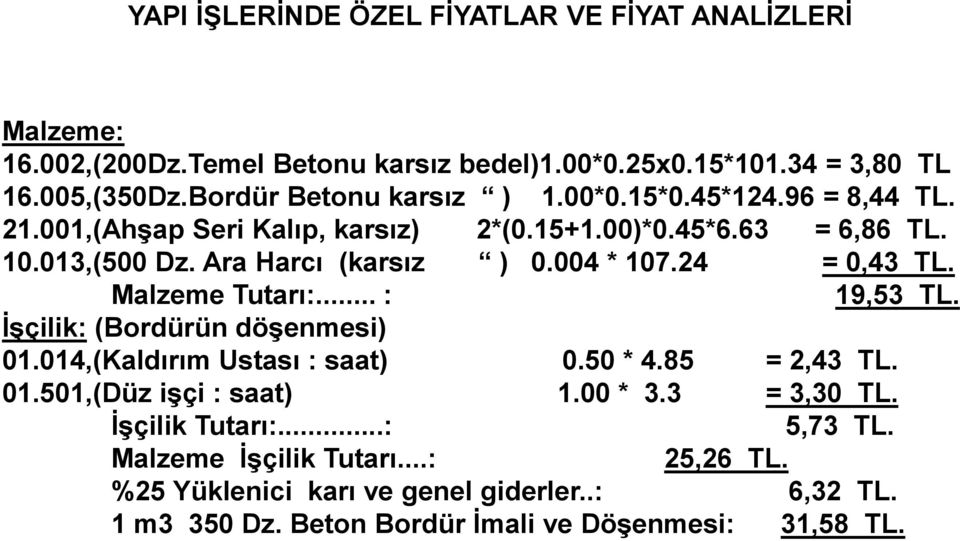 004 * 107.24 = 0,43 TL. Malzeme Tutarı:... : 19,53 TL. İşçilik: (Bordürün döşenmesi) 01.014,(Kaldırım Ustası : saat) 0.50 * 4.85 = 2,43 TL. 01.501,(Düz işçi : saat) 1.