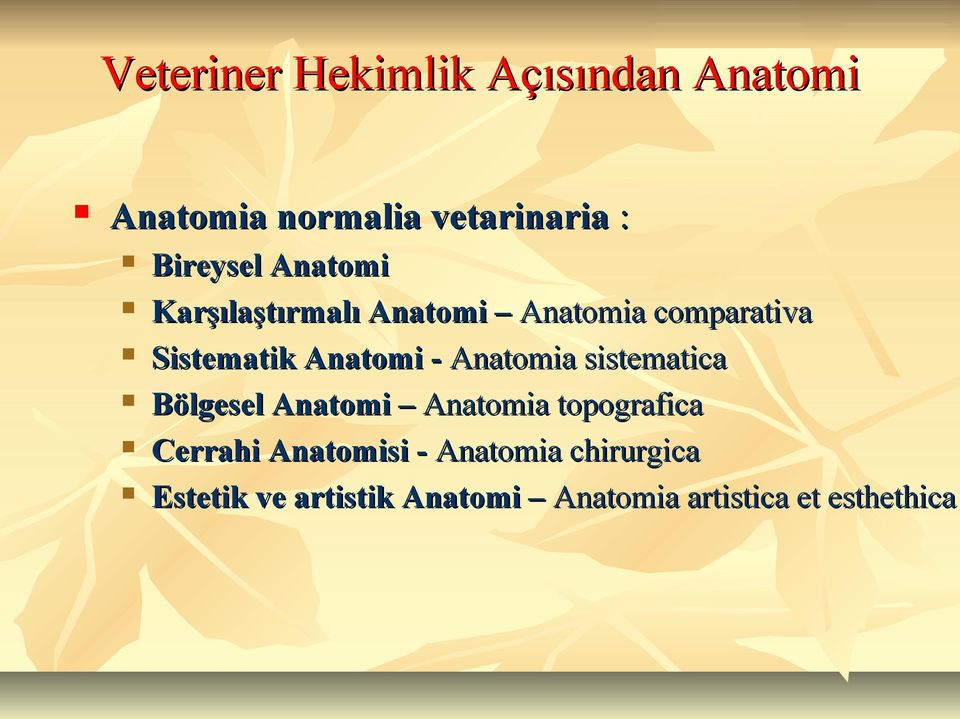 Anatomia sistematica Bölgesel Anatomi Anatomia topografica Cerrahi Anatomisi