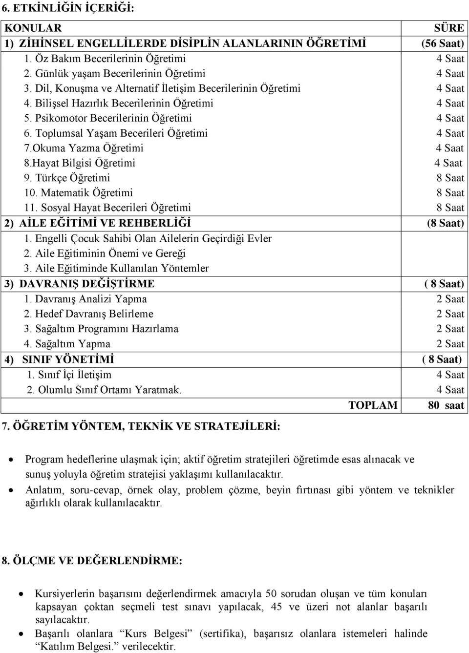 Toplumsal Yaşam Becerileri Öğretimi 4 Saat 7.Okuma Yazma Öğretimi 4 Saat 8.Hayat Bilgisi Öğretimi 4 Saat 9. Türkçe Öğretimi 8 Saat 10. Matematik Öğretimi 8 Saat 11.