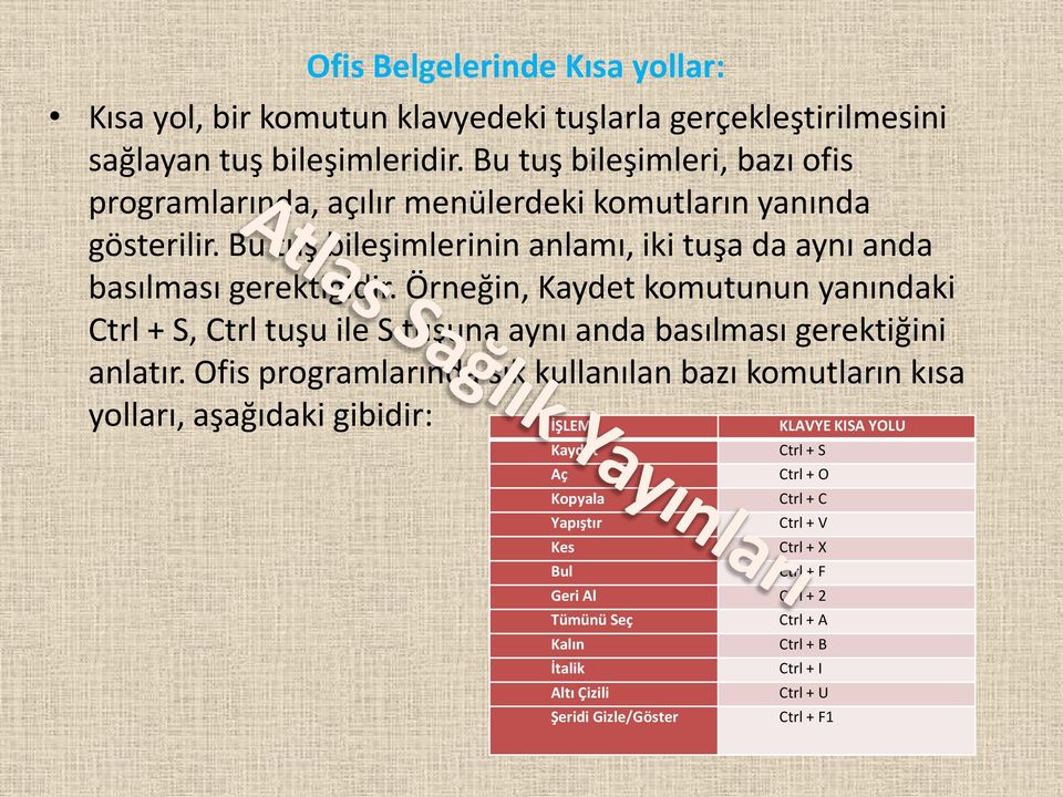 Örneğin, Kaydet komutunun yanındaki Ctrl + S, Ctrl tuşu ile S tuşuna aynı anda basılması gerektiğini anlatır.