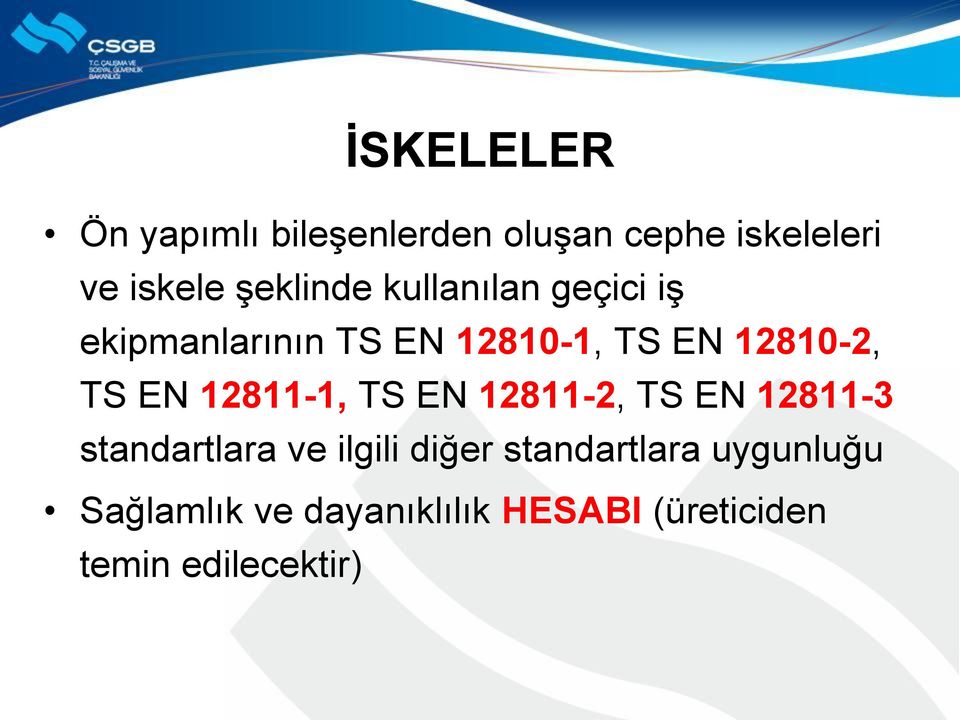 TS EN 12811-1, TS EN 12811-2, TS EN 12811-3 standartlara ve ilgili diğer