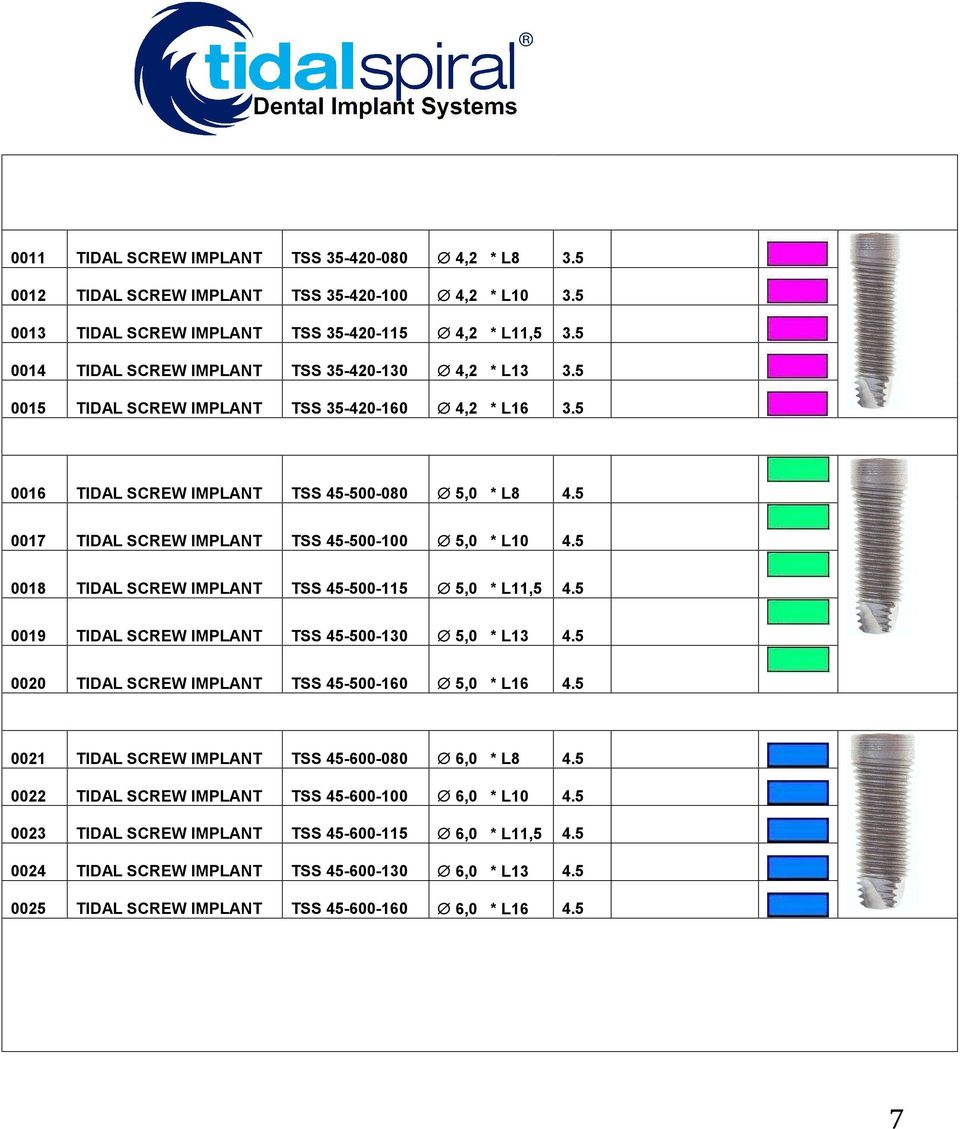 5 0017 TIDAL SCREW IMPLANT TSS 45-500-100 5,0 * L10 4.5 0018 TIDAL SCREW IMPLANT TSS 45-500-115 5,0 * L11,5 4.5 0019 TIDAL SCREW IMPLANT TSS 45-500-130 5,0 * L13 4.