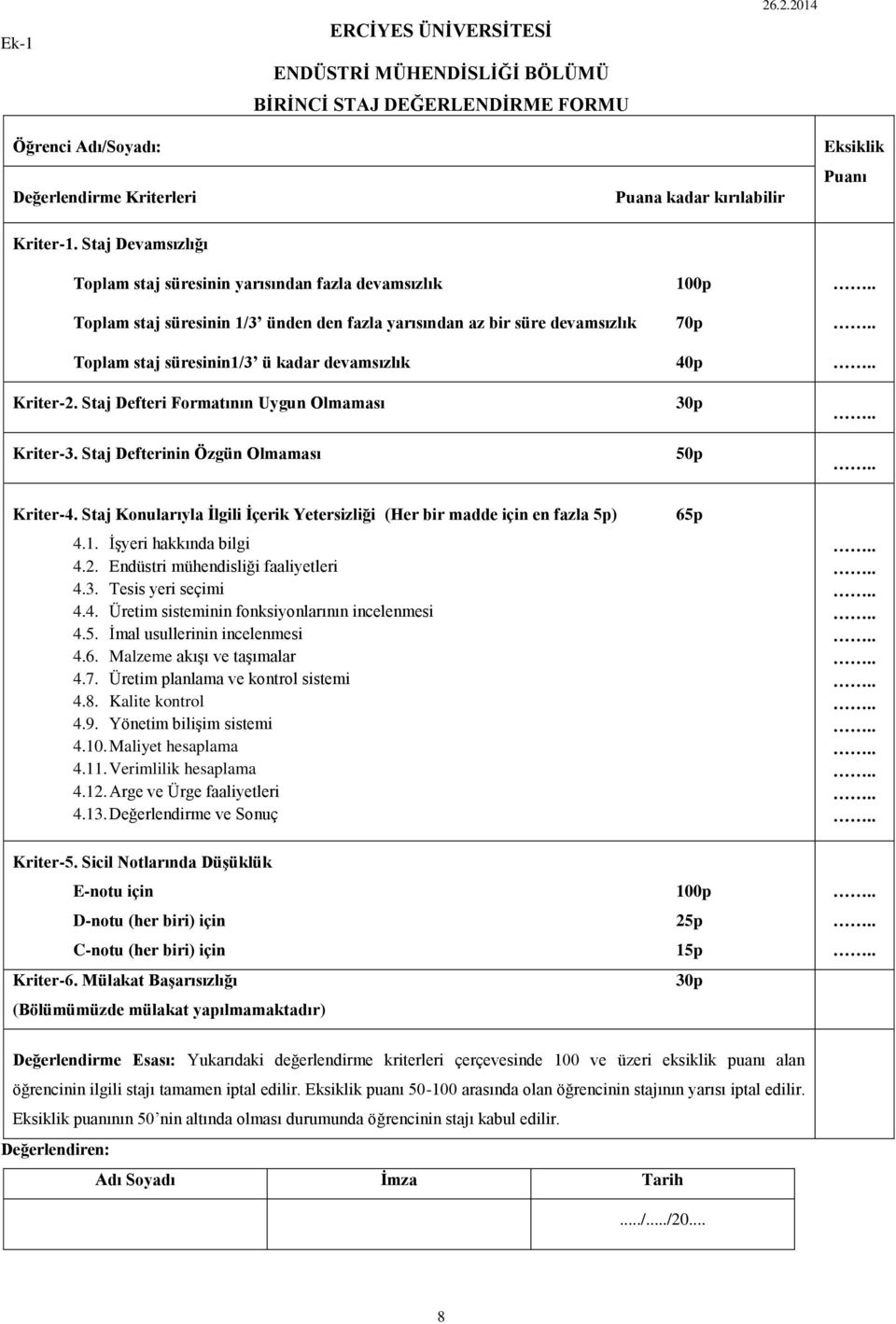 Kriter-2. Staj Defteri Formatının Uygun Olmaması Kriter-3. Staj Defterinin Özgün Olmaması 70p 40p 30p 50p Kriter-4. Staj Konularıyla İlgili İçerik Yetersizliği (Her bir madde için en fazla 5p) 4.1.