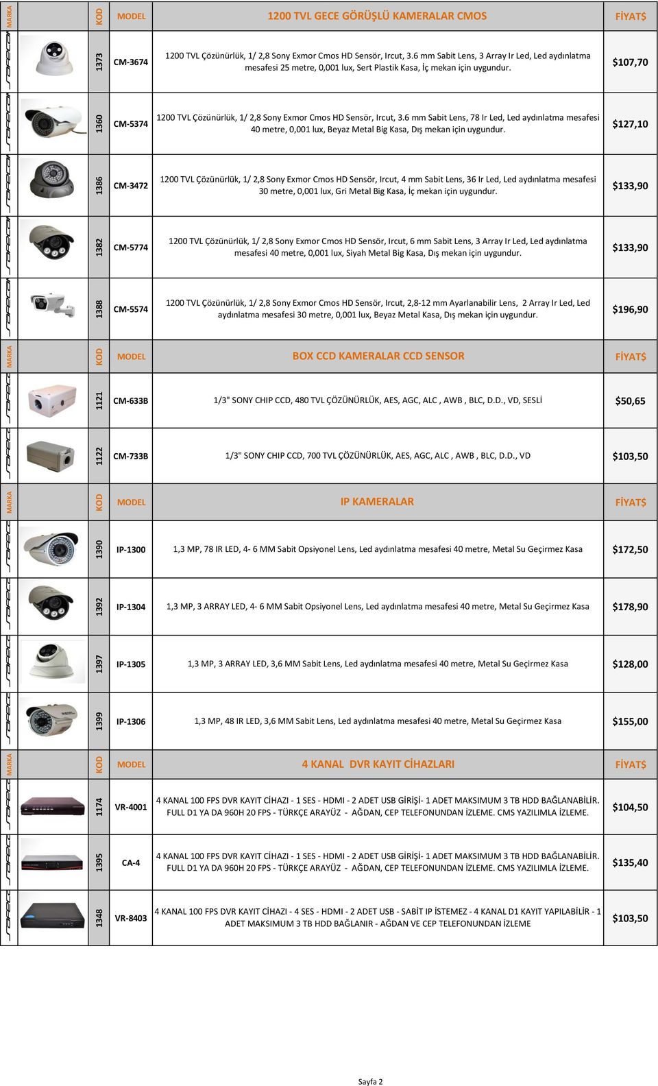 1200 TVL Çözünürlük, 1/ 2,8 Sony Exmor Cmos HD Sensör, Ircut, 3.6 mm Sabit Lens, 78 Ir Led, Led aydınlatma mesafesi CM-5374 $127,10 40 metre, 0,001 lux, Beyaz Metal Big Kasa, Dış mekan için uygundur.