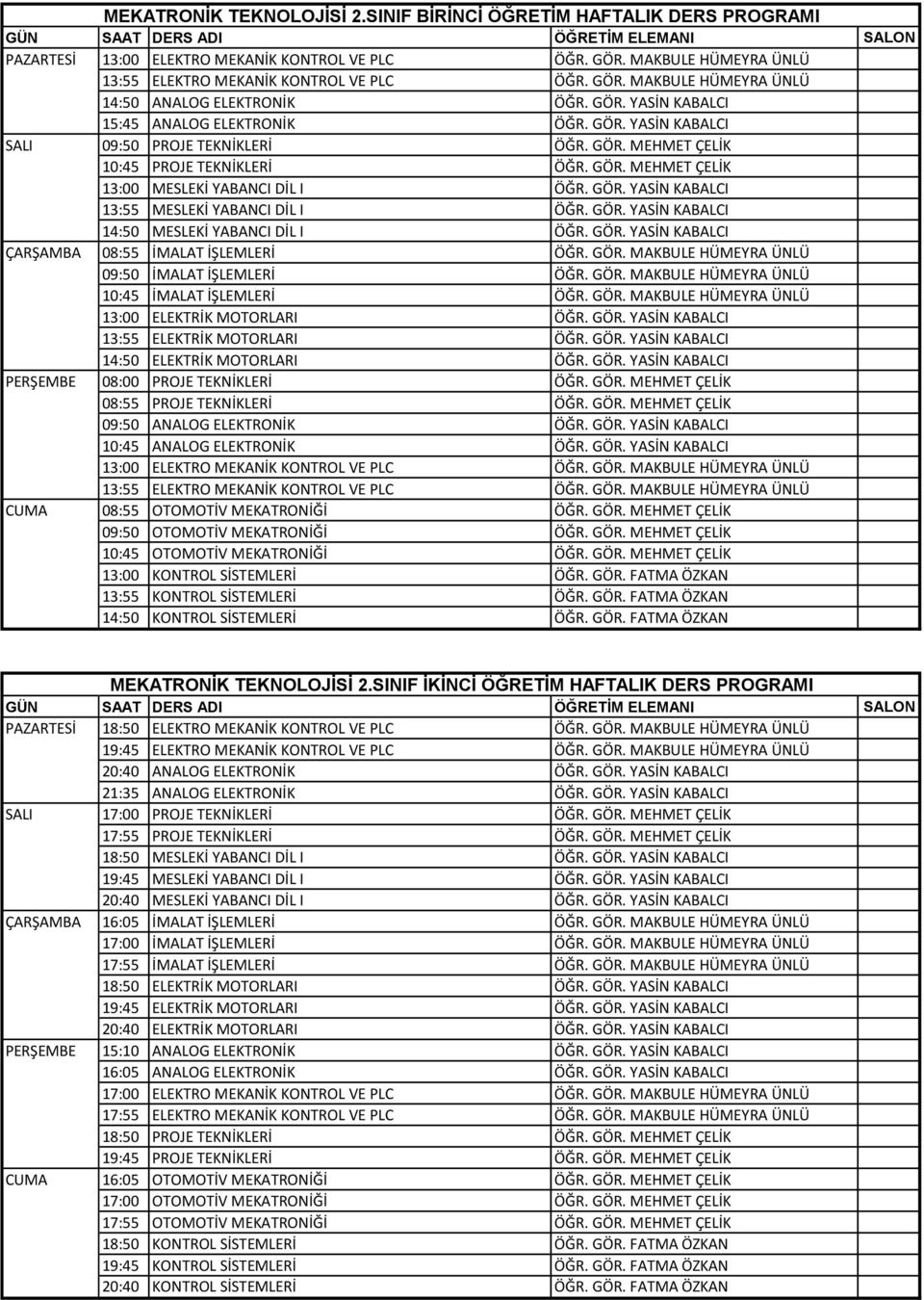 GÖR. YASİN KABALCI 13:55 MESLEKİ YABANCI DİL I ÖĞR. GÖR. YASİN KABALCI 14:50 MESLEKİ YABANCI DİL I ÖĞR. GÖR. YASİN KABALCI ÇARŞAMBA 08:55 İMALAT İŞLEMLERİ ÖĞR. GÖR. MAKBULE HÜMEYRA ÜNLÜ 09:50 İMALAT İŞLEMLERİ ÖĞR.
