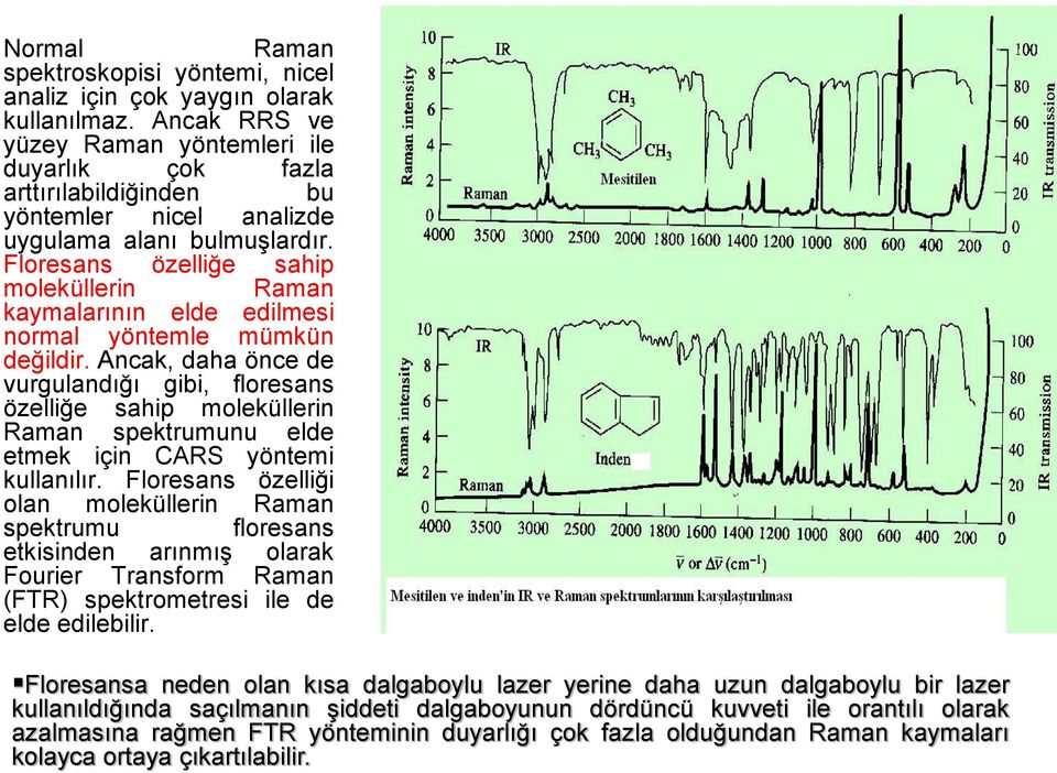 Floresans özelliğe sahip moleküllerin Raman kaymalarının elde edilmesi normal yöntemle mümkün değildir.