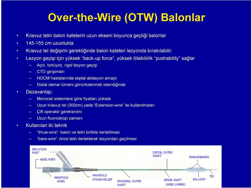 ablasyon amaçlı Distal damar lümeni görüntülenmek istendiğinde Dezavantajı: Monorail sistemlere göre fiyatları yüksek Uzun kılavuz tel (300cm) yada Extension-wire ile