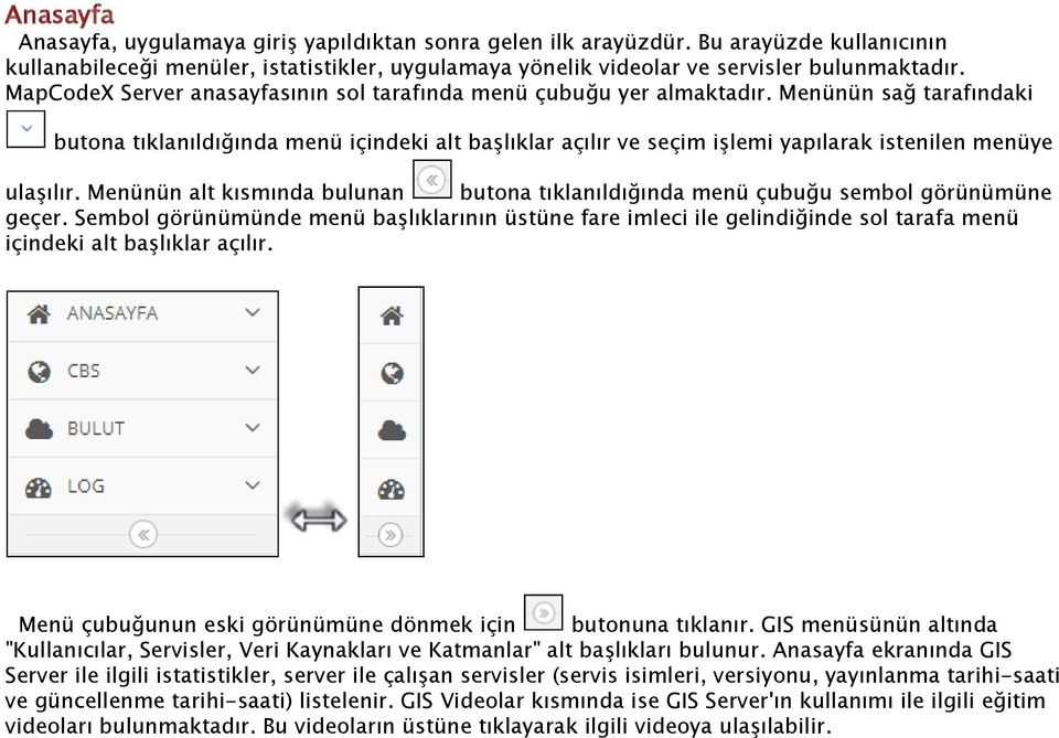 Menünün sağ tarafındaki butona tıklanıldığında menü içindeki alt başlıklar açılır ve seçim işlemi yapılarak istenilen menüye ulaşılır.