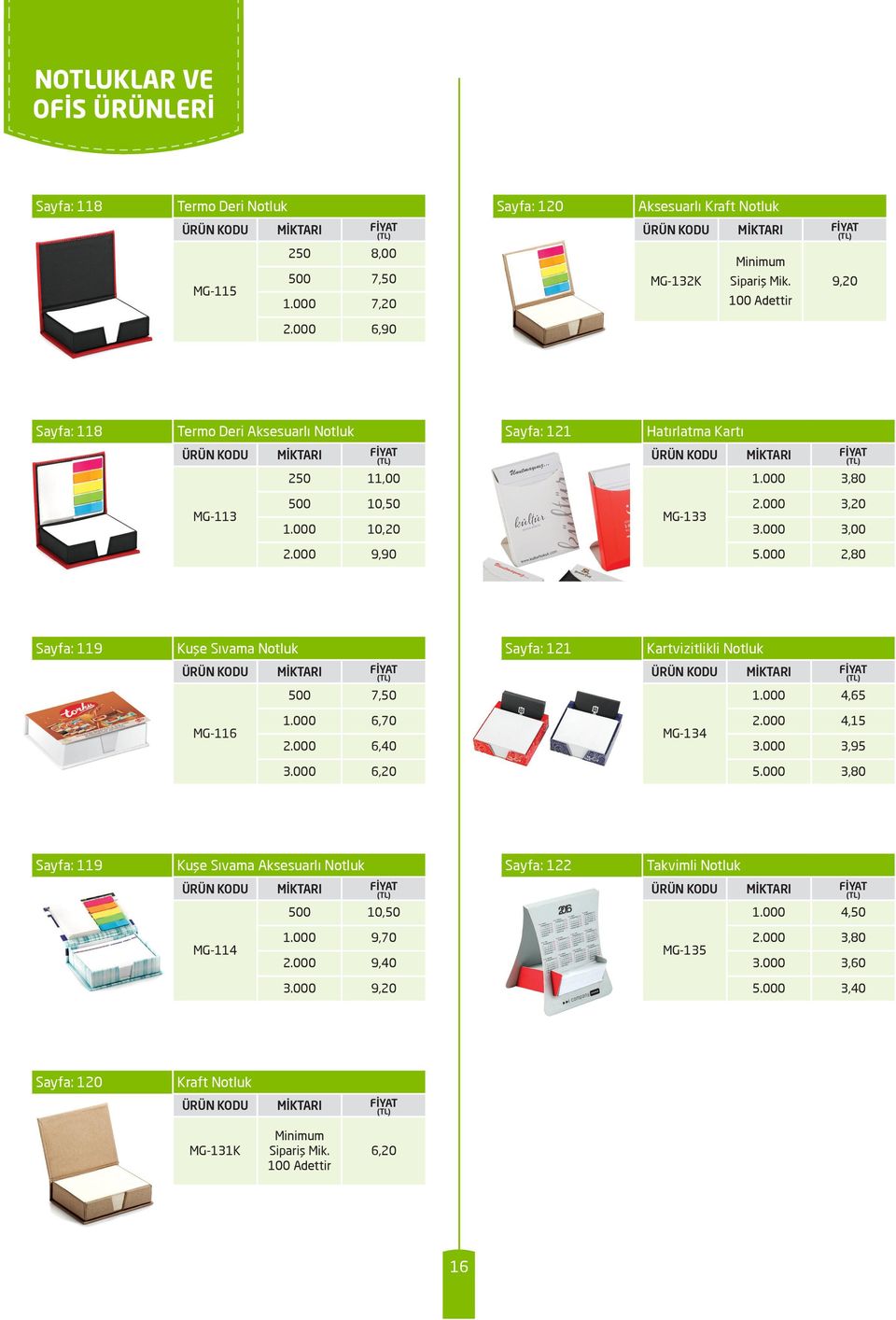 000 2,80 Sayfa: 119 Kuşe Sıvama Notluk Sayfa: 121 Kartvizitlikli Notluk 500 7,50 1.000 4,65 MG-116 1.000 6,70 2.000 6,40 MG-134 2.000 4,15 3.000 3,95 3.000 6,20 5.