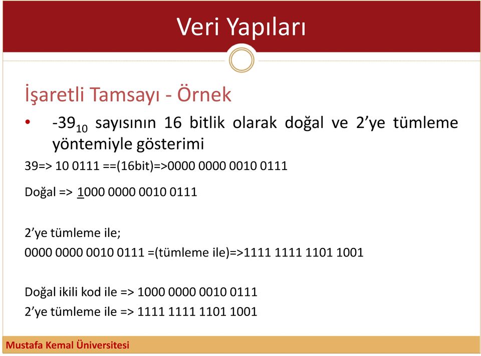 0000 0010 0111 2 ye tümleme ile; 0000 0000 0010 0111 =(tümleme ile)=>1111 1111