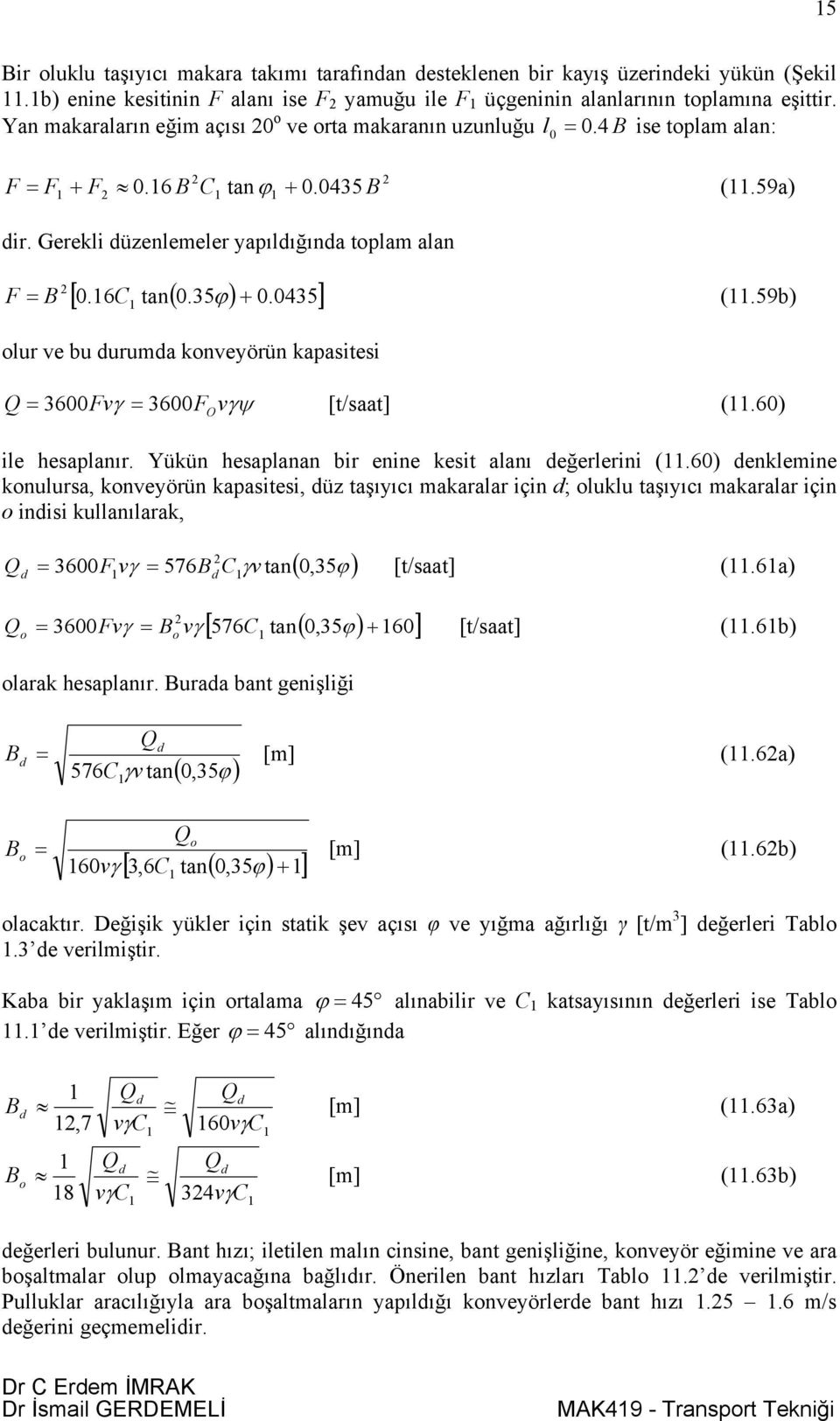 59b) 0 ϕ olur ve bu durumda konveyörün kapasitesi Q 600 Fvγ 600F vγψ [t/saat] (.60) O ile hesaplanır. Yükün hesaplanan bir enine kesit alanı değerlerini (.