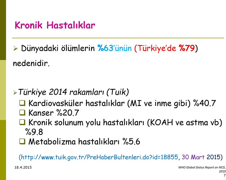 7 Kronik solunum yolu hastalıkları (KOAH ve astma vb) %9.8 Metabolizma hastalıkları %5.