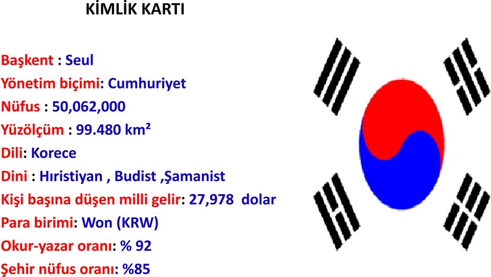 480 km² Dili: Korece Dini : Hıristiyan, Budist,Şamanist Kişi