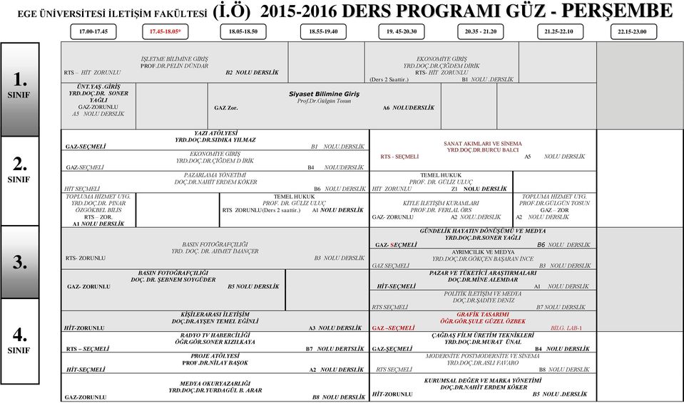 ) B1 NOLU.DERSLİK A6 NOLUDERSLİK YAZI ATÖLYESİ YRD.DOÇ.DR.SIDIKA YILMAZ B1 NOLU.DERSLİK EKONOMİYE GİRİŞ YRD.DOÇ.DR.ÇİĞDEM D İRİK B4 NOLUDERSLİK PAZARLAMA YÖNETİMİ DOÇ.DR.NAHİT ERDEM KÖKER YRD.DOÇ.DR. PINAR ÖZGÖKBEL BİLİS RTS ZOR.