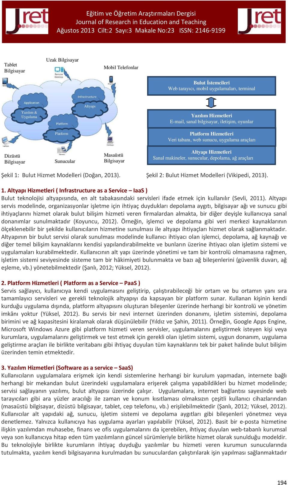Şekil 1: Bulut Hizmet Modelleri (Doğan, 2013). Şekil 2: Bulut Hizmet Modelleri (Vikipedi, 2013). 1. Altyapı Hizmetleri ( Infrastructure as a Service IaaS ) Bulut teknolojisi altyapısında, en alt tabakasındaki servisleri ifade etmek için kullanılır (Sevli, 2011).