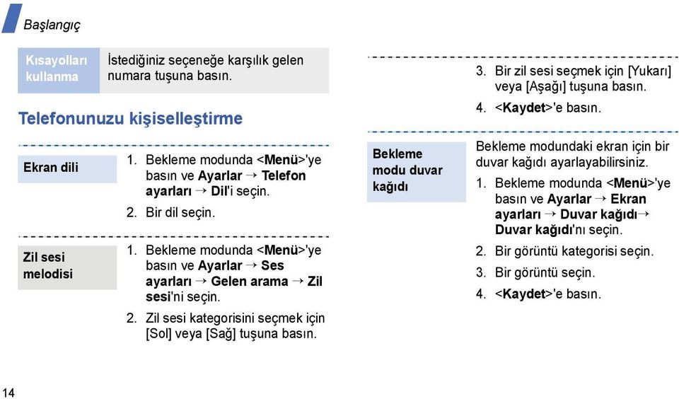 Bekleme modu duvar kağıdı 3. Bir zil sesi seçmek için [Yukarı] veya [Aşağı] tuşuna basın. 4. <Kaydet>'e basın. Bekleme modundaki ekran için bir duvar kağıdı ayarlayabilirsiniz. 1.