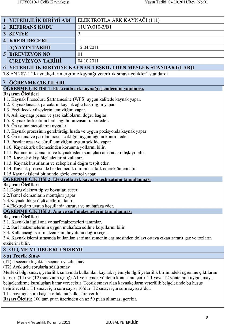 2011 6 YETERLİLİK BİRİMİNE KAYNAK TEŞKİL EDEN MESLEK STANDART(LAR)I TS EN 2871 Kaynakçıların ergitme kaynağı yeterlilik sınavıçelikler standardı 7 ÖĞRENME ÇIKTILARI ÖĞRENME ÇIKTISI 1: Elektrotla ark