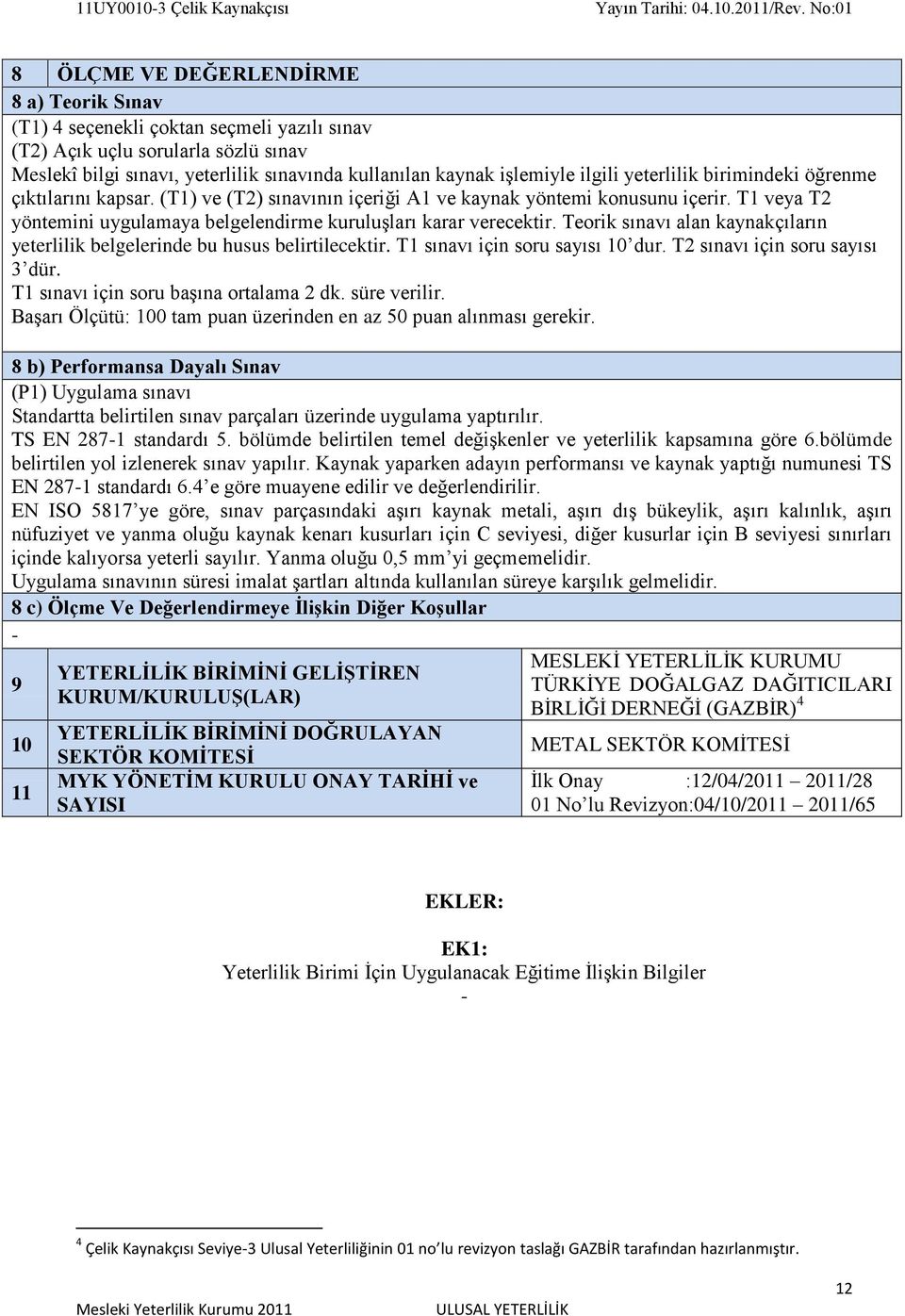 T1 veya T2 yöntemini uygulamaya belgelendirme kuruluşları karar verecektir. Teorik sınavı alan kaynakçıların yeterlilik belgelerinde bu husus belirtilecektir. T1 sınavı için soru sayısı 10 dur.