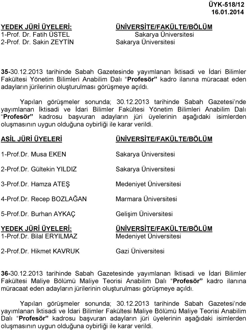 2013 tarihinde Sabah Gazetesinde yayımlanan İktisadi ve İdari Bilimler Fakültesi Yönetim Bilimleri Anabilim Dalı Profesör kadro ilanına müracaat eden adayların jürilerinin oluşturulması görüşmeye