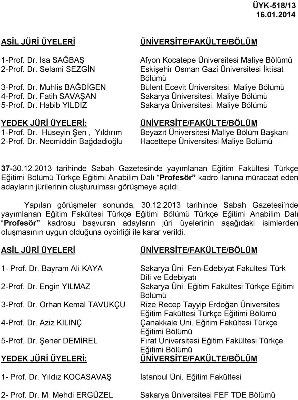 Sakarya Üniversitesi, Maliye Bölümü Beyazıt Üniversitesi Maliye Bölüm Başkanı Hacettepe Üniversitesi Maliye Bölümü 37-30.12.