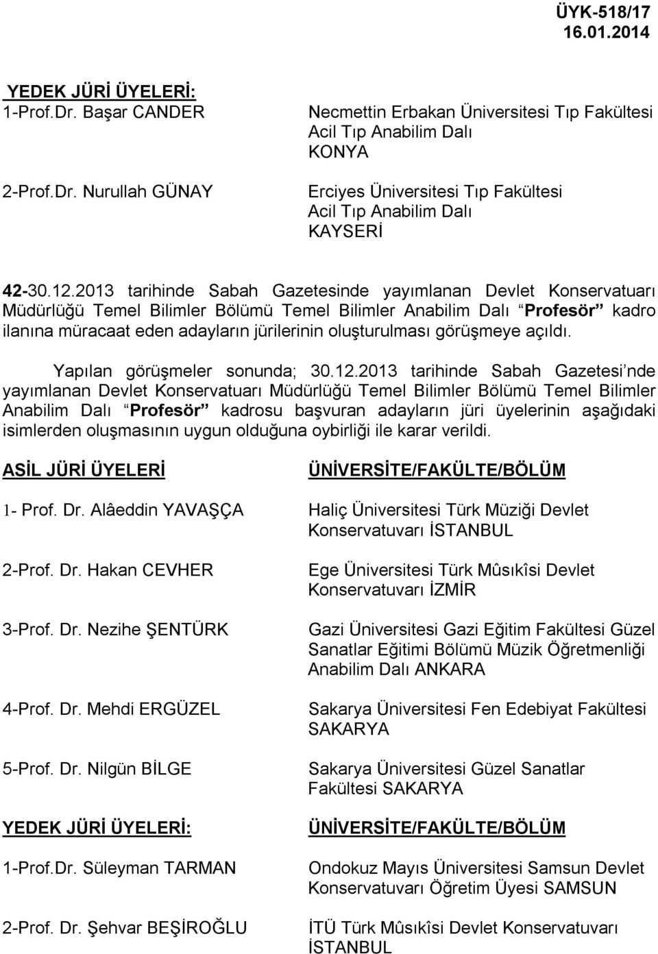 2013 tarihinde Sabah Gazetesinde yayımlanan Devlet Konservatuarı Müdürlüğü Temel Bilimler Bölümü Temel Bilimler Anabilim Dalı Profesör kadro ilanına müracaat eden adayların jürilerinin oluşturulması