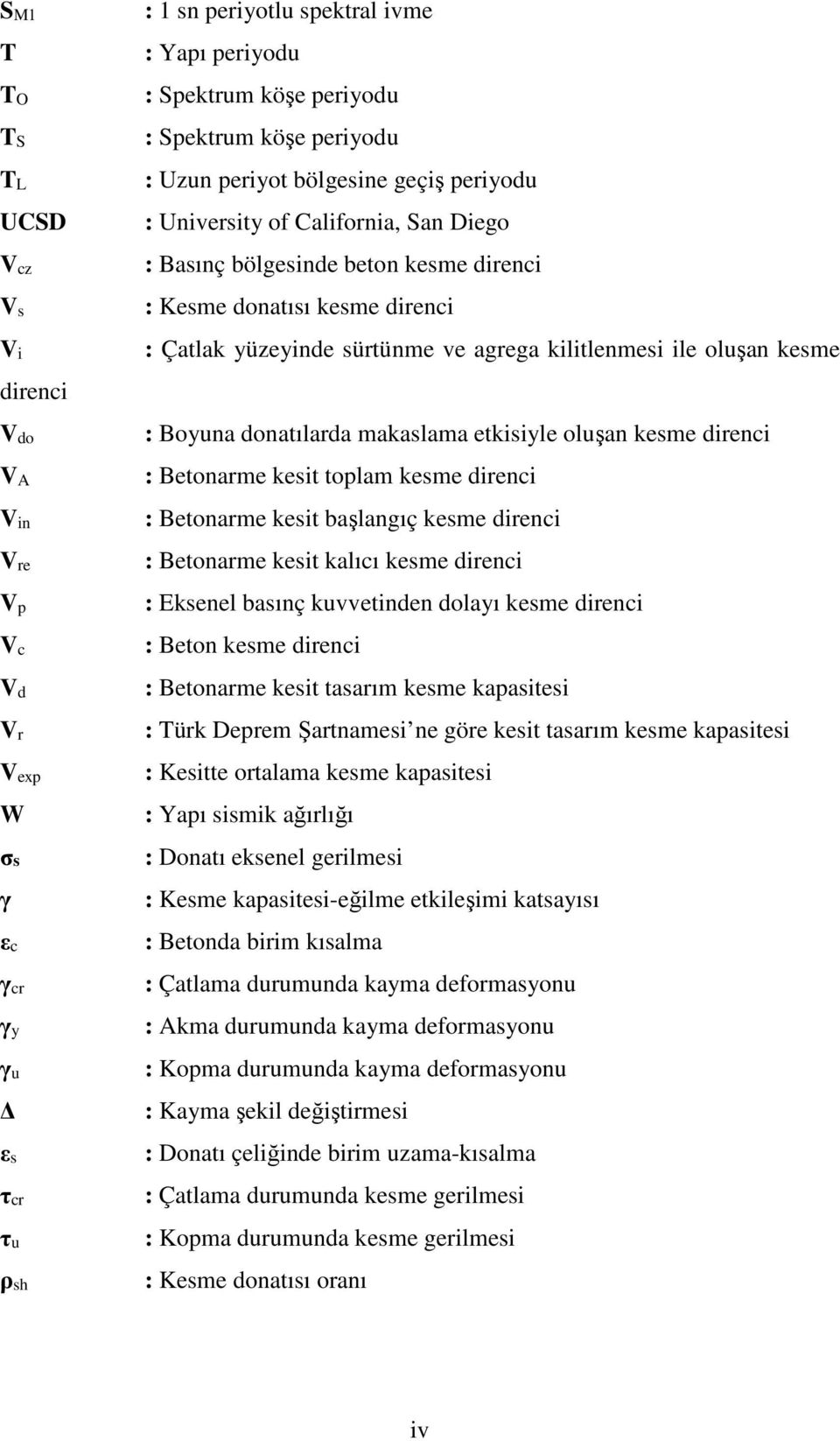 kilitlenmesi ile oluşan kesme : Boyuna donatılarda makaslama etkisiyle oluşan kesme direnci : Betonarme kesit toplam kesme direnci : Betonarme kesit başlangıç kesme direnci : Betonarme kesit kalıcı