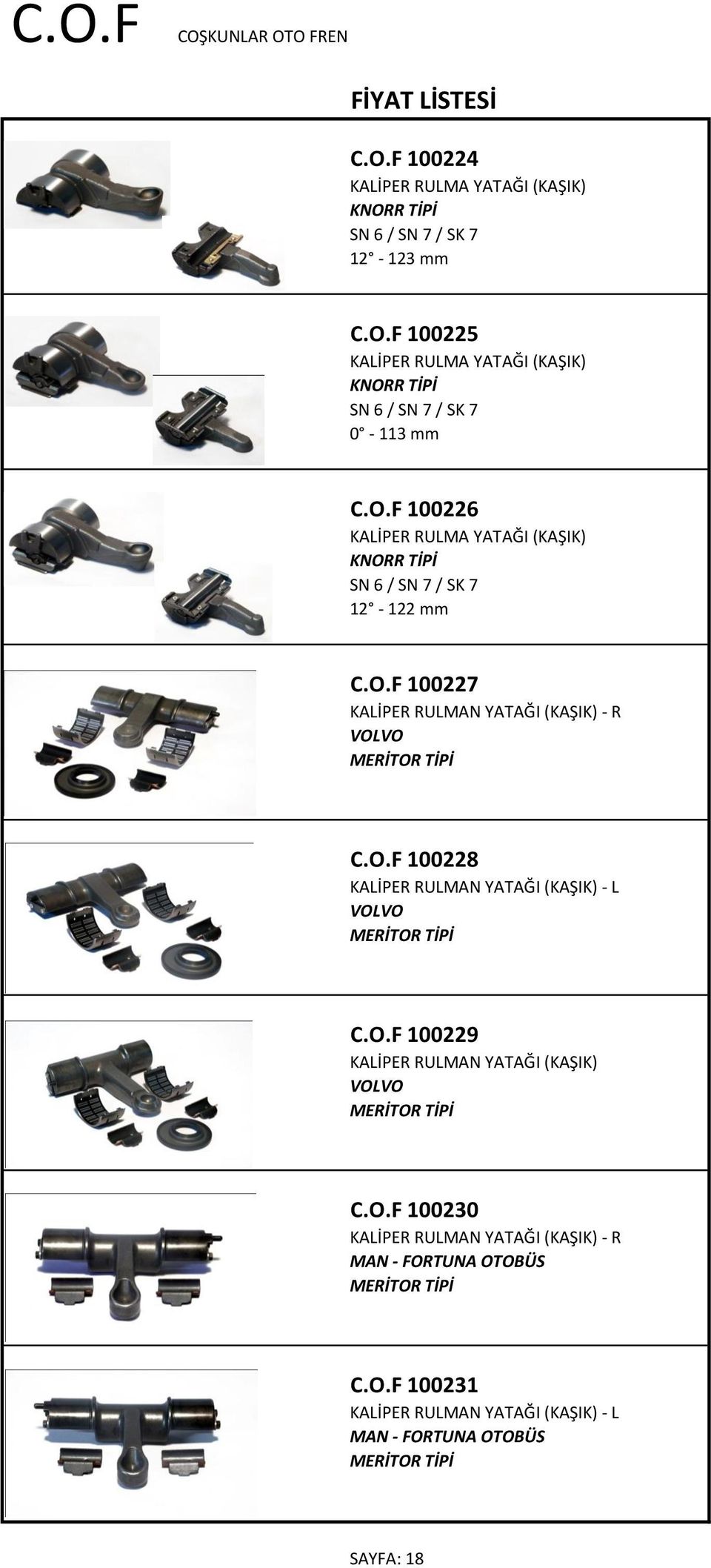 O.F 100229 KALİPER RULMAN YATAĞI (KAŞIK) VOLVO C.O.F 100230 KALİPER RULMAN YATAĞI (KAŞIK) - R MAN - FORTUNA OTOBÜS C.O.F 100231 KALİPER RULMAN YATAĞI (KAŞIK) - L MAN - FORTUNA OTOBÜS SAYFA: 18