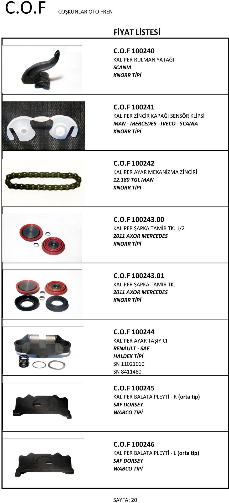 O.F 100243.01 KALİPER ŞAPKA TAMİR TK. 2011 AXOR MERCEDES C.O.F 100244 KALİPER AYAR TAŞIYICI RENAULT - SAF SN 11021010 SN 8411480 C.