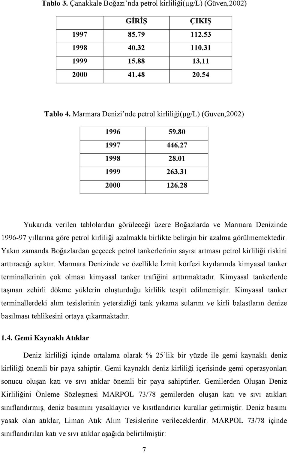 28 Yukarıda verilen tablolardan görüleceği üzere Boğazlarda ve Marmara Denizinde 1996-97 yıllarına göre petrol kirliliği azalmakla birlikte belirgin bir azalma görülmemektedir.