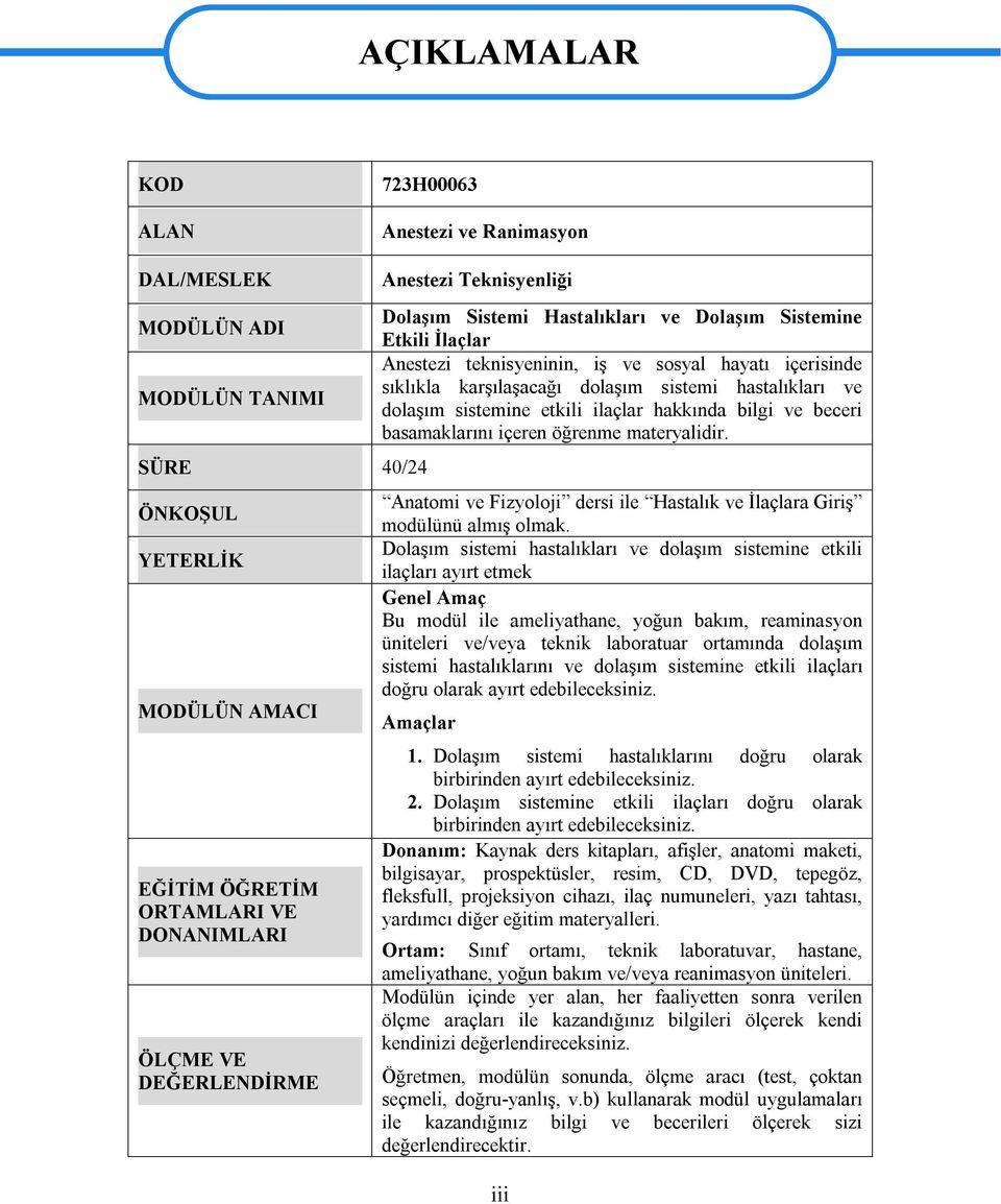 hastalıkları ve dolaşım sistemine etkili ilaçlar hakkında bilgi ve beceri basamaklarını içeren öğrenme materyalidir. Anatomi ve Fizyoloji dersi ile Hastalık ve İlaçlara Giriş modülünü almış olmak.