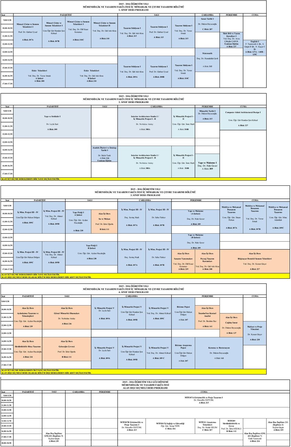 A Blok 137A - 140B - 139C Doç. Dr. Hamdullah Şevli A B rmak 2. SNF DERS PROGRAM Saat PAZARTESİ SAL ÇARŞAMBA Yapı ve Strüktür Mimarlık Tarihi Computer Aided Architectural Design Uzm. Öğr.