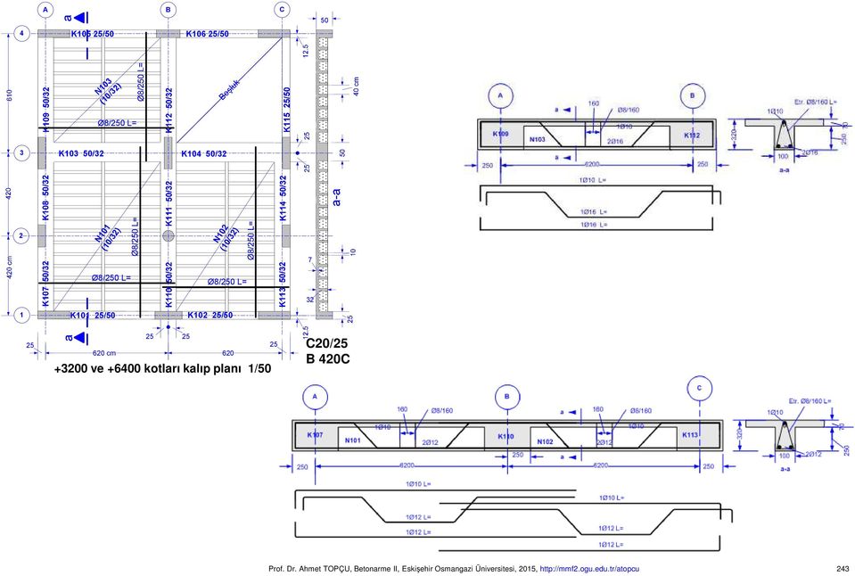 +3200 ve +6400 kotları kalıp planı 1/50 C20/25 B 420C Prof. Dr.