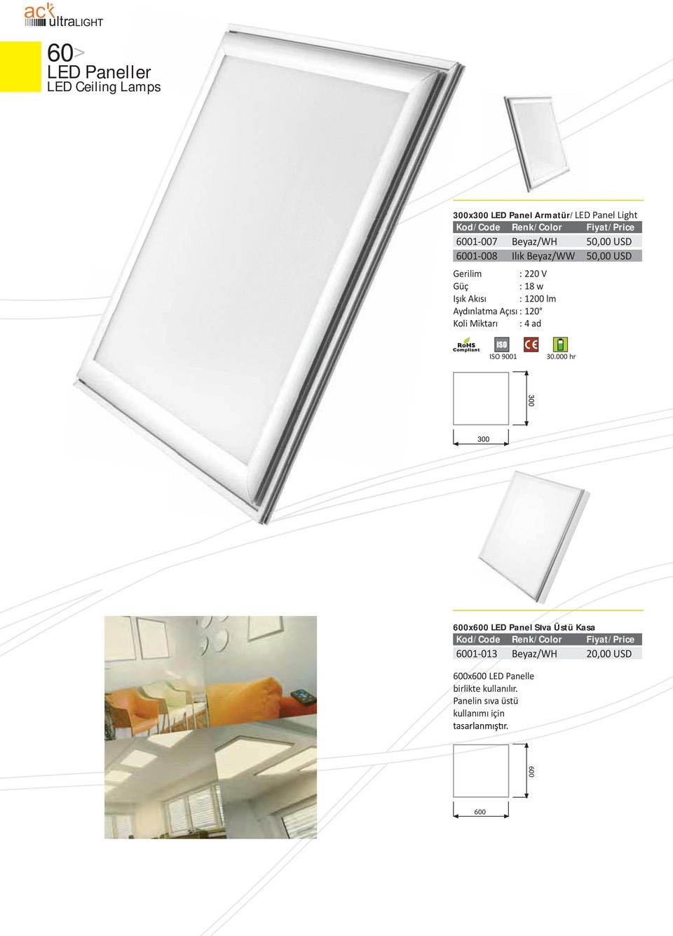 Aydınlatma Açısı : 120 : 4 ad 600x600 LED Panel Sıva Üstü Kasa 6001-013 Beyaz/WH