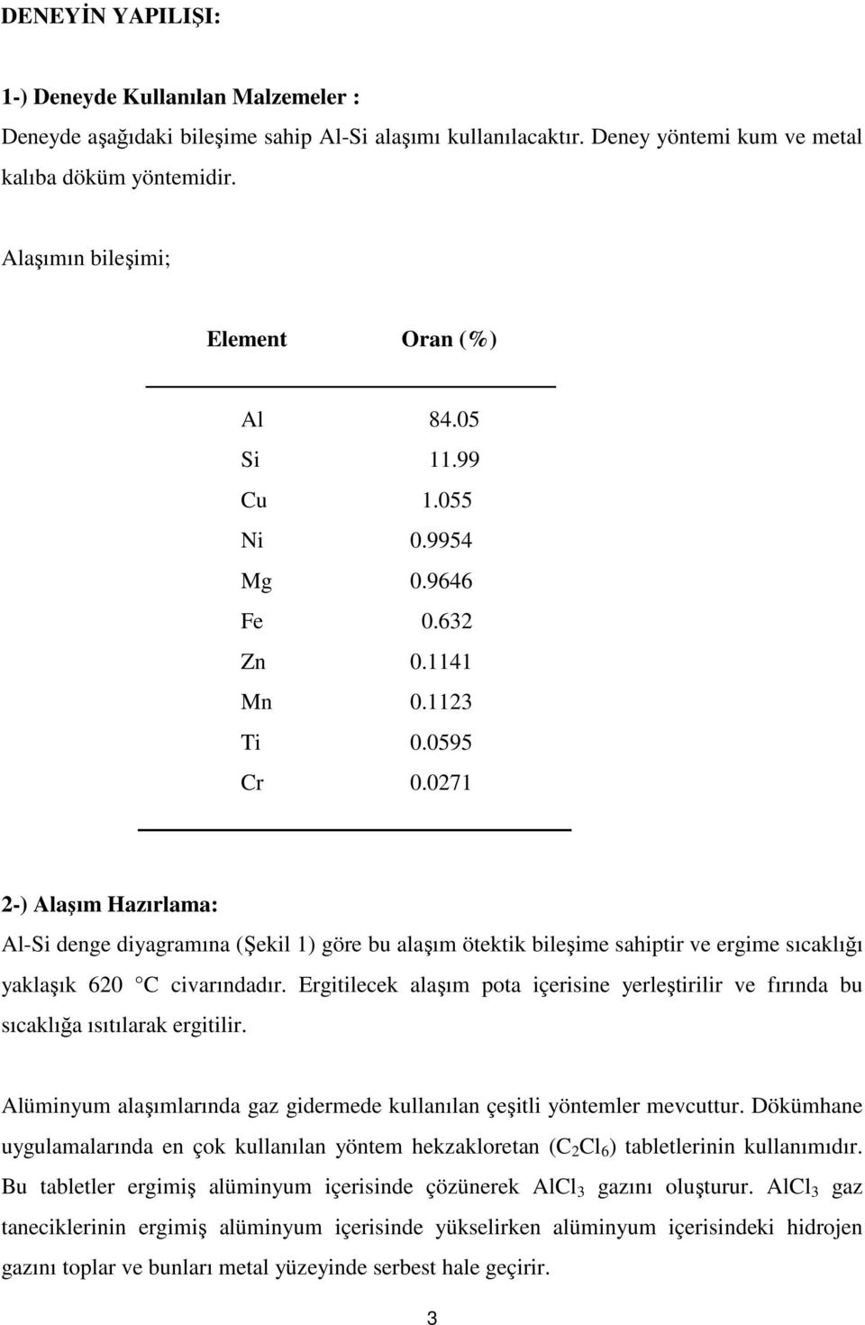 0271 2-) Alaşım Hazırlama: Al-Si denge diyagramına (Şekil 1) göre bu alaşım ötektik bileşime sahiptir ve ergime sıcaklığı yaklaşık 620 C civarındadır.