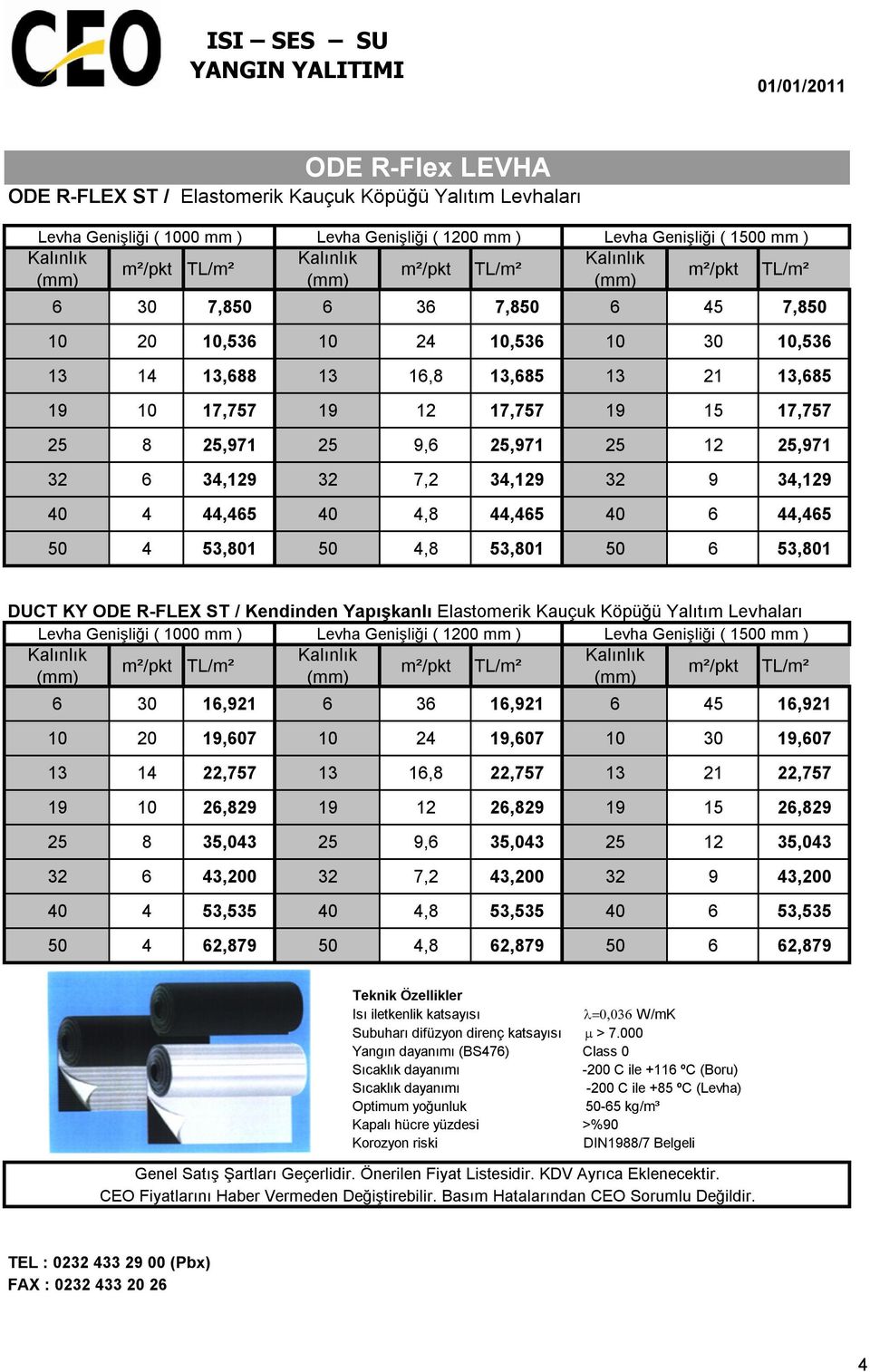 44,465 40 4,8 44,465 40 6 44,465 50 4 53,801 50 4,8 53,801 50 6 53,801 DUCT KY ODE R-FLEX ST / Kendinden Yapışkanlı Elastomerik Kauçuk Köpüğü Yalıtım Levhaları Levha Genişliği ( 1000 mm ) Levha