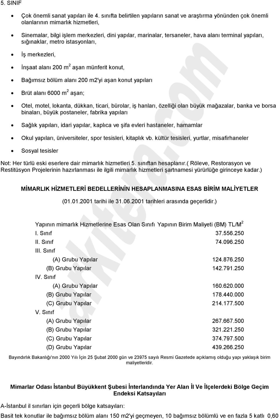 yapıları, sığınaklar, metro istasyonları, İş merkezleri, İnşaat alanı 200 m 2 aşan münferit konut, Bağımsız bölüm alanı 200 m2'yi aşan konut yapıları Brüt alanı 6000 m 2 aşan; Otel, motel, lokanta,