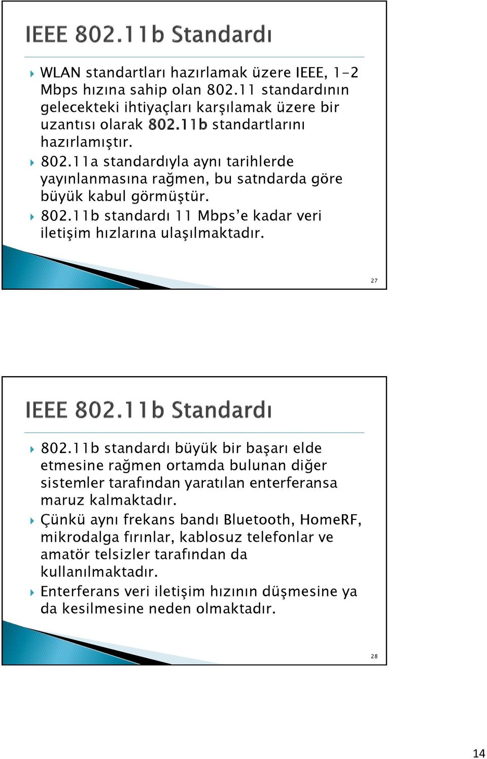 27 28/66 802.11b standardı büyük bir başarı elde etmesine rağmen ortamda bulunan diğer sistemler tarafından yaratılan enterferansa maruz kalmaktadır.