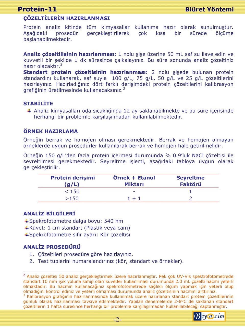 2 Standart protein çözeltisinin hazırlanması: 2 nolu şişede bulunan protein standardını kullanarak, saf suyla 100 g/l, 75 g/l, 50 g/l ve 25 g/l çözeltilerini hazırlayınız.