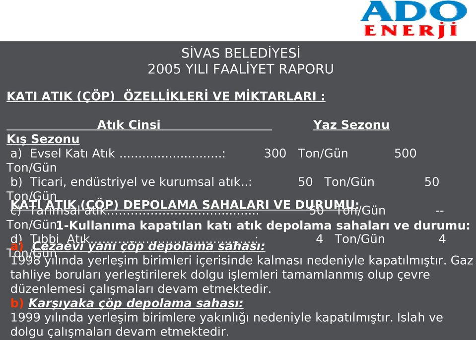 ..: DEPOLAMA SAHALARI VE DURUMU: 50 Ton/Gün -- Ton/Gün 1-Kullanıma kapatılan katı atık depolama sahaları ve durumu: d) Tıbbi Atık.