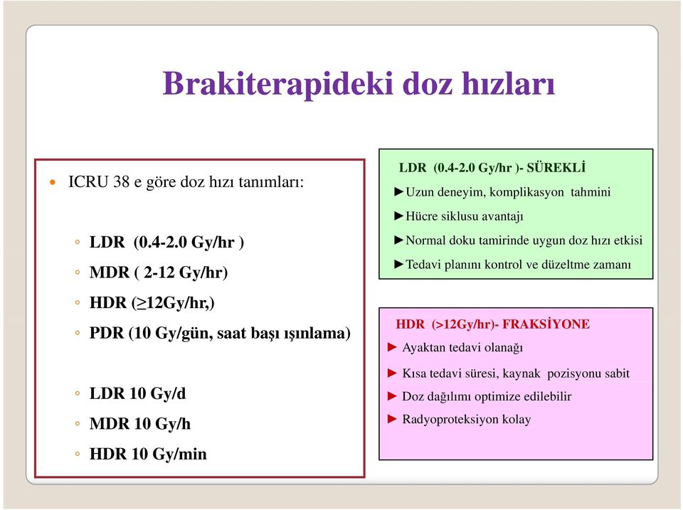 0 Gy/hr )- SÜREKLİ Uzun deneyim, komplikasyon tahmini Hücre siklusu avantajı Normal doku tamirinde uygun doz hızı etkisi Tedavi