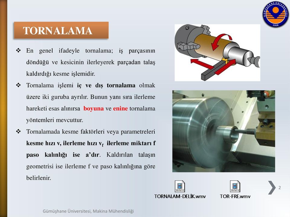 Bunun yanı sıra ilerleme hareketi esas alınırsa boyuna ve enine tornalama yöntemleri mevcuttur.