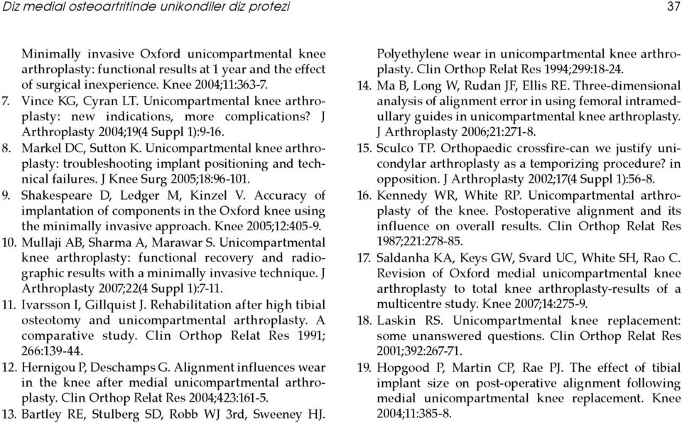 Unicompartmental knee arthroplasty: troubleshooting implant positioning and technical failures. J Knee Surg 2005;18:96-101. 9. Shakespeare D, Ledger M, Kinzel V.