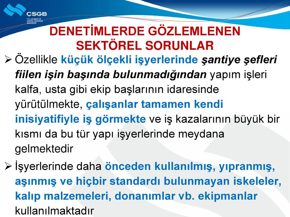 inisiyatifiyle iş görmekte ve iş kazalarının büyük bir kısmı da bu tür yapı işyerlerinde meydana gelmektedir İşyerlerinde