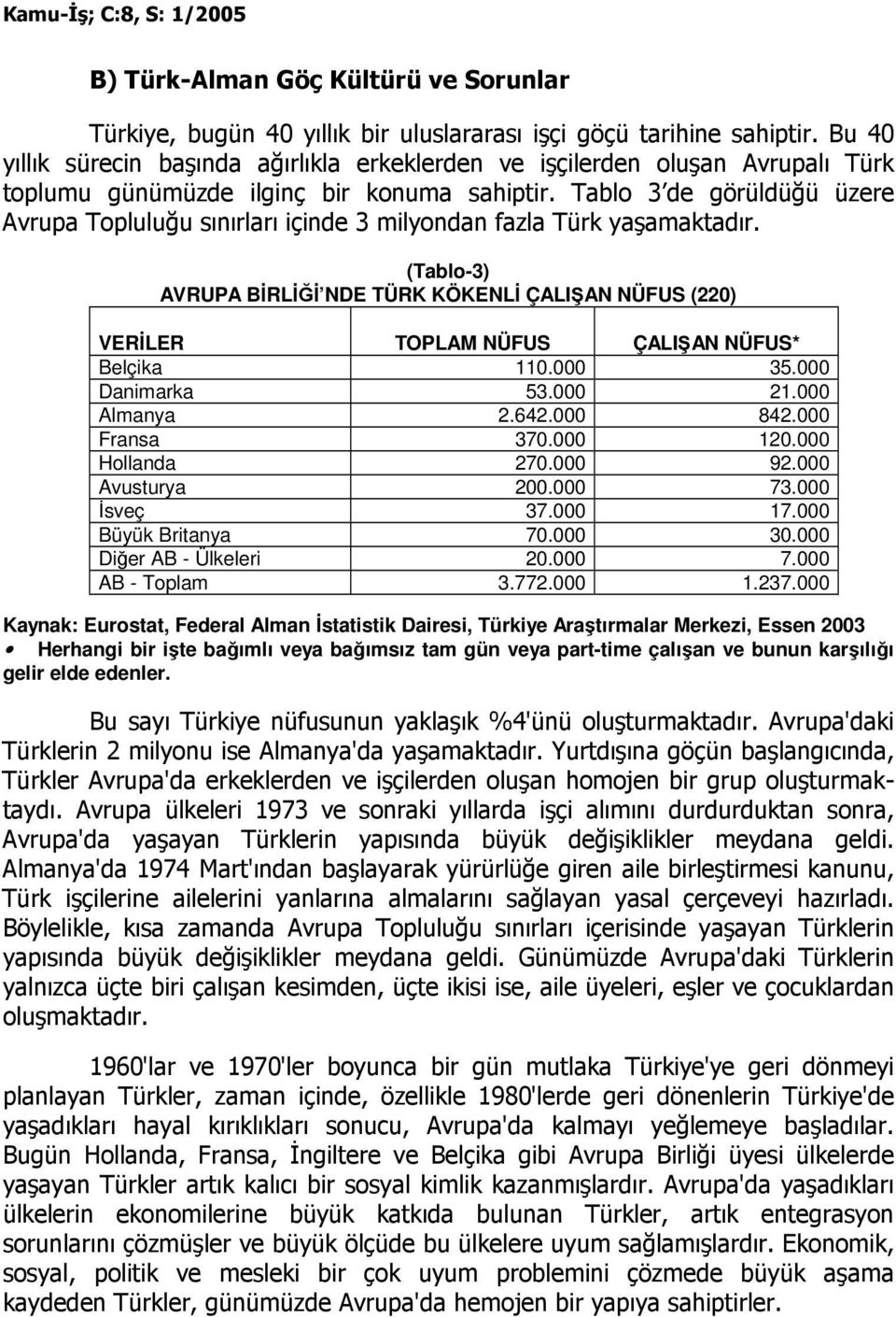 Tablo 3 de görüldüğü üzere Avrupa Topluluğu sınırları içinde 3 milyondan fazla Türk yaşamaktadır.