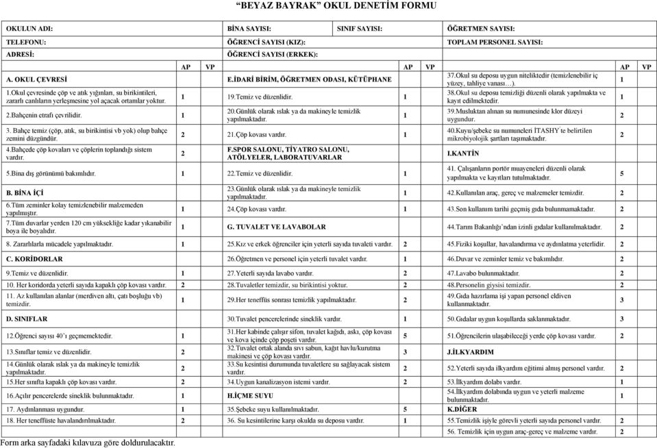 Okul su deposu temizliği düzenli olarak yapılmakta ve 9.Temiz ve düzenlidir. zararlı canlıların yerleşmesine yol açacak ortamlar yoktur. kayıt edilmektedir..bahçenin etrafı çevrilidir. 3.