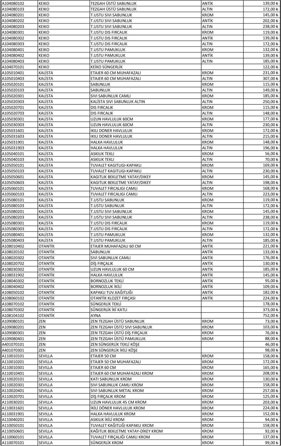 USTU DIS FIRCALIK ANTİK 139,00 A104080303 KEIKO T.USTU DIS FIRCALIK ALTIN 172,00 A104080401 KEIKO T.USTU PAMUKLUK KROM 132,00 A104080402 KEIKO T.USTU PAMUKLUK ANTİK 139,00 A104080403 KEIKO T.