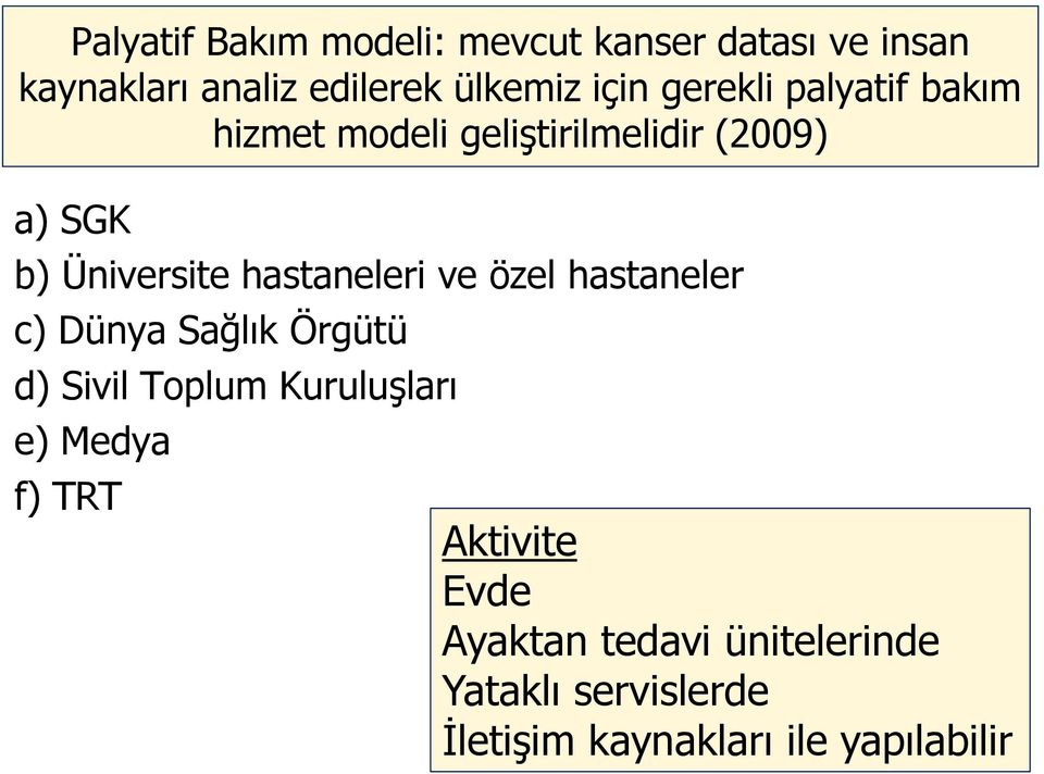 hastaneleri ve özel hastaneler c) Dünya Sağlık Örgütü d) Sivil Toplum Kuruluşları e) Medya