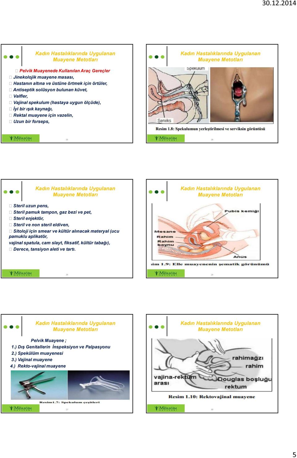 enjektör, Steril ve non steril eldiven, Sitoloji için smear ve kültür alınacak materyal (ucu pamuklu aplikatör, vajinal spatula, cam slayt, fiksatif, kültür tabağı),