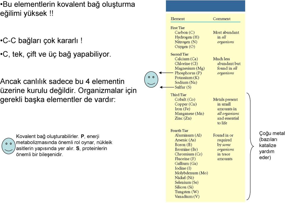 Organizmalar için gerekli başka elementler de vardır: Kovalent bağ oluşturabilirler.